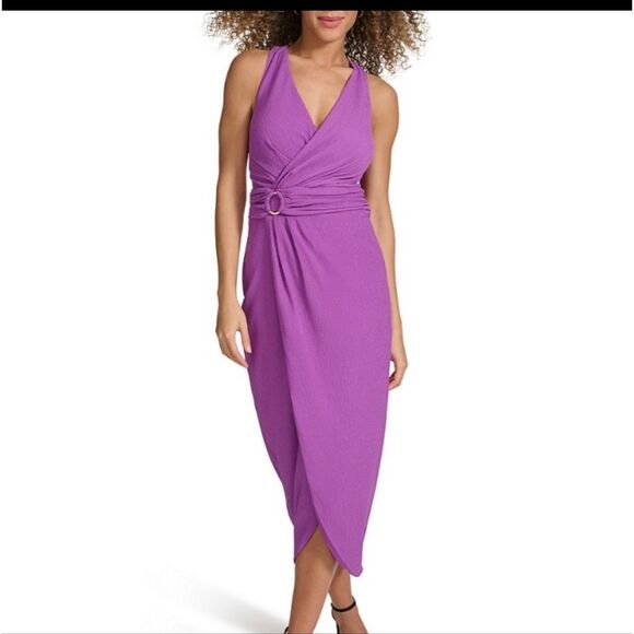 Siena Purple Textured Knit Sleeveless Wrap Midi Dress W Tulip Hem Size 10 NWT - Picture 1 of 3